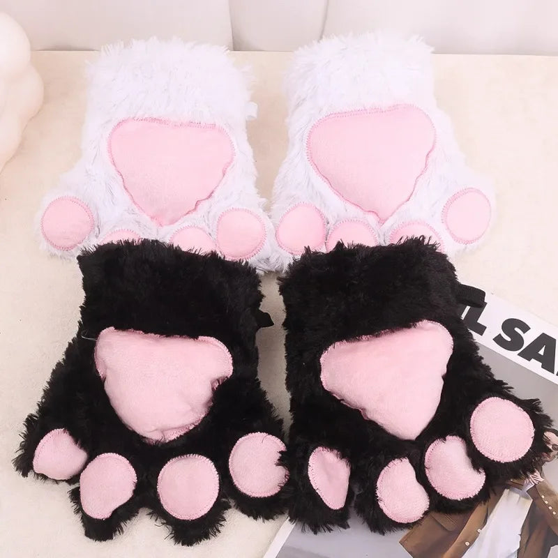Cute Plush Cat Claw Gloves Large Size Women Halloween Christmas Party Cosplay Girls Winter Plush Fluffy Warm Full Finger Mitten