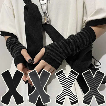 Y2K Gothic Striped Fingerless Arm Warmers | Harajuku Punk Gloves