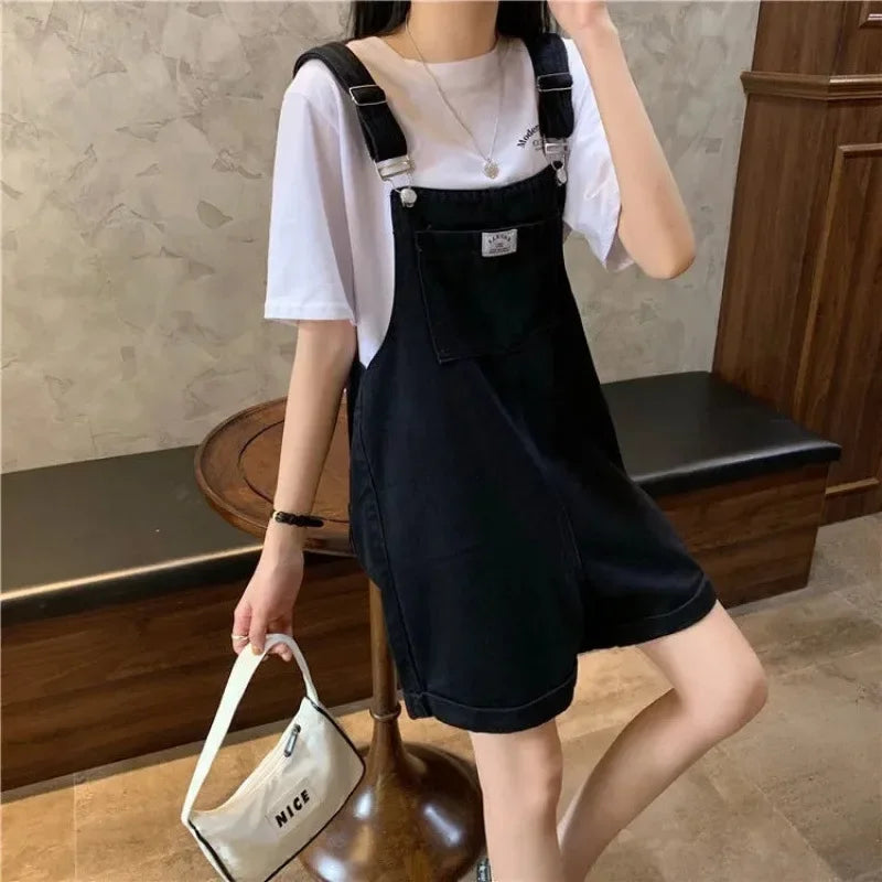Summer New Style Loose Korean Version Women's Denim Overalls Straight Leg Jeans Color Purple Two-Piece Suit