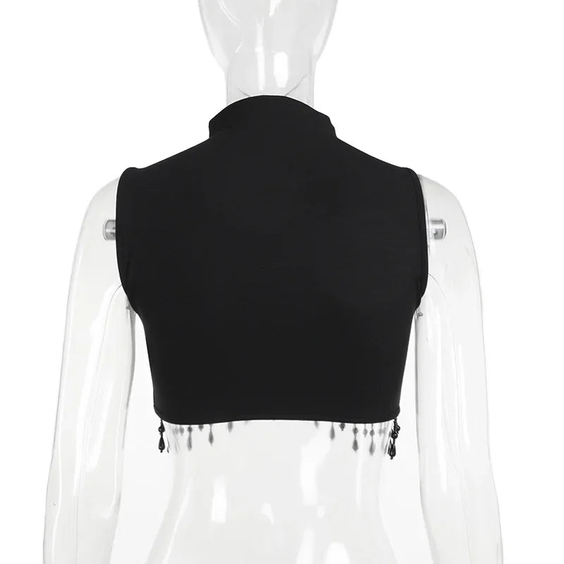Goth Dark Cyber Y2K Skinny Turtleneck Tank Top Sexy Moon Chain Tassel Sleeveless Crop Tops Gothic Women Punk Streetwear Alt Vest