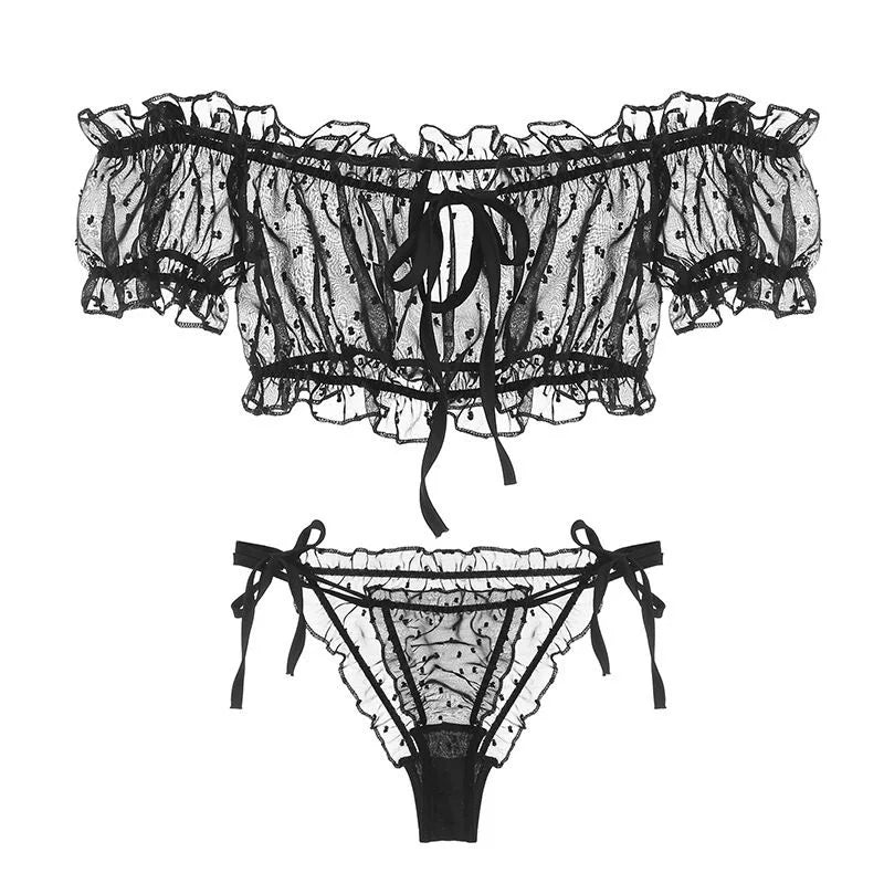 Seductive Spotted Mesh Lingerie Set - 2-Piece Bra & Panty