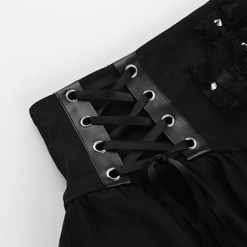 Goth Dark Punk Cross Patchwork Pleated Skirts Mall Gothic Techwear Bottoms Grunge Aesthetic Women Bandage Mini Skirt Alt Clothes