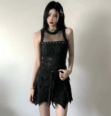 Gothic Y2K Lace Crop Top & Irregular Mini Skirt Set
