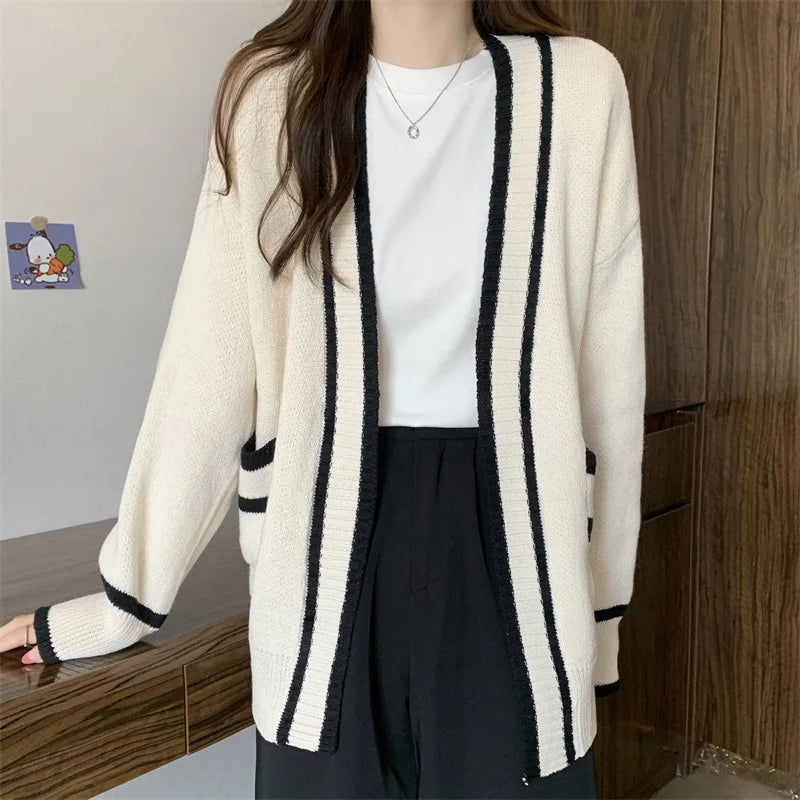 New Korean Women Cardigan Jackets Patchwork Clothing V Neck All Match Sueter Mujer Casual Fashion Knitted Oversized Sweater Tops