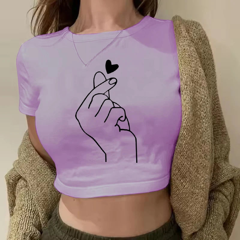 Women Funny Hand Heart Print Cropped T Shirt 2000s Girls Summer O Neck Tshirt 90s Harajuku Graphic Crop Tops Female Clothes