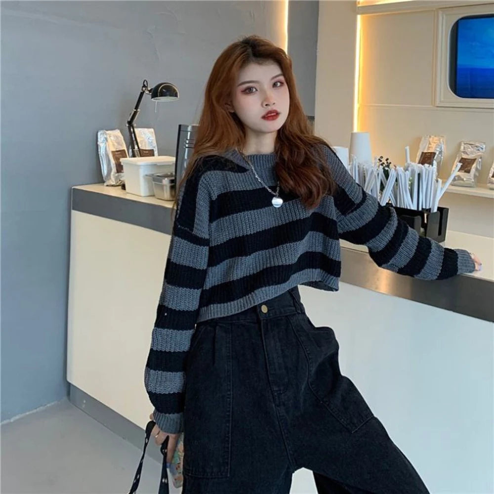 Black White Striped Cropped Sweater | Y2K Goth Knit Pullover