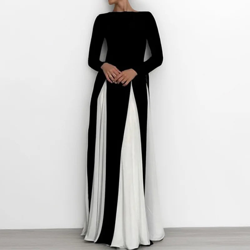 Elegant Color Block A-Line Knitted Bell Sleeve Dress