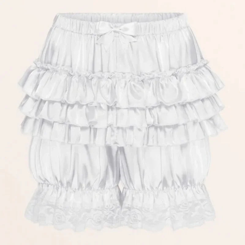 Satin Lace Ruffles Lolita Bloomers Shorts Pants Women Pink Tiered Kawaii Pumpkin Panties Y2k Vintage Victorian Bloomer