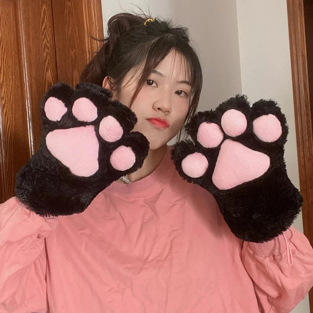Cute Plush Cat Claw Gloves Large Size Women Halloween Christmas Party Cosplay Girls Winter Plush Fluffy Warm Full Finger Mitten
