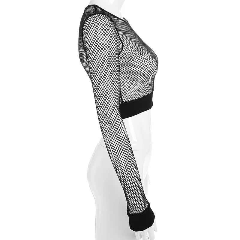 Sexy Black Hollow Out Mesh T-Shirt Female Skinny Crop Top 2024 New Fashion Summer Basic Tops For Women Fishnet Shirt