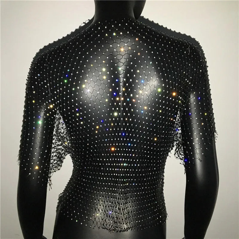 Sexy New Mesh Rhinestone Long Sleeve T Shirt Women Hollow See-through Fishnet Tops Summer Casual Shirt Party Club Women Clothing