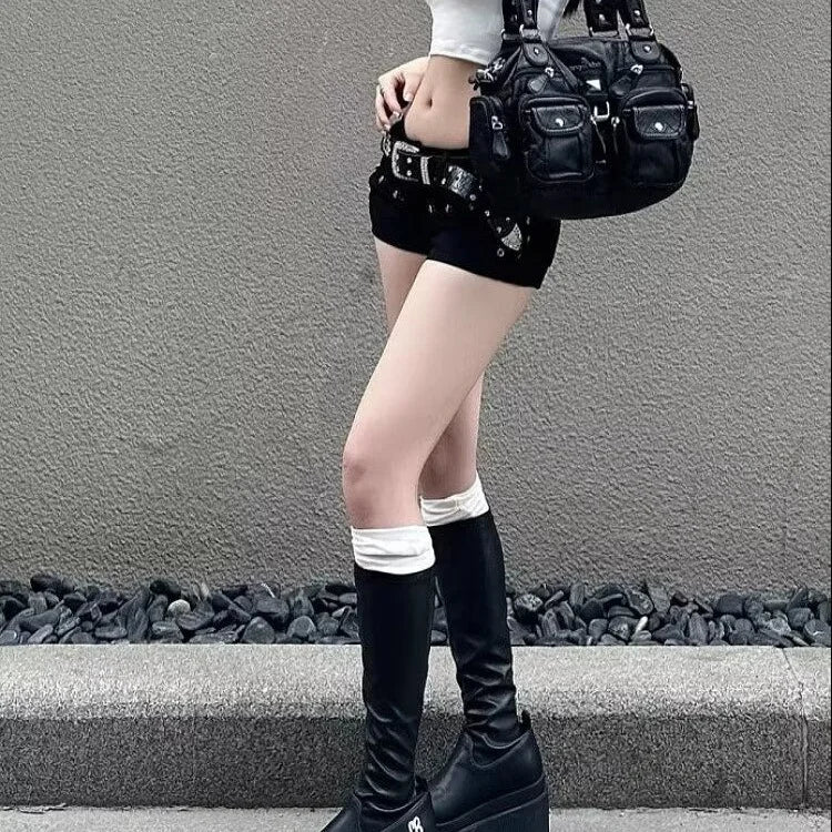 American Spice Girl Y2k Shorts Black 2025 Summer New Sexy Low Waist Hip Wrap Willow Nail Denim Super Shorts Women