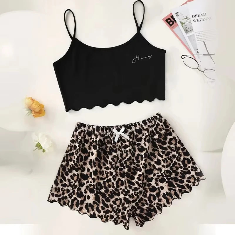 Women's Pajamas Set Sexy Lingerie Leopard Print Sling Sleepwear V-Neck Sleeveless Top and Shorts Sets Pyjamas Homewear