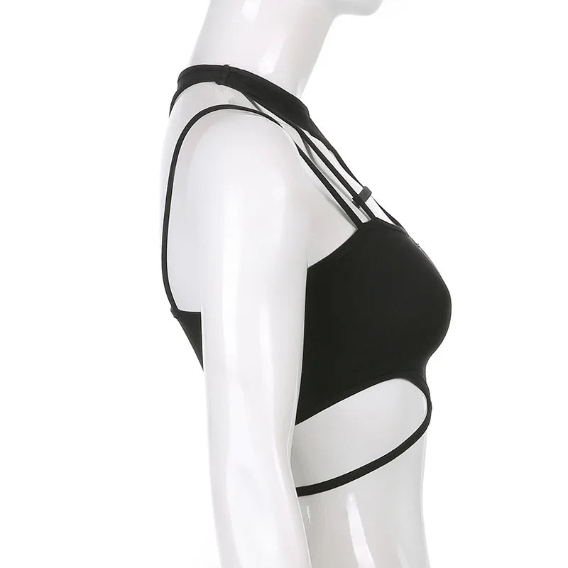 Women Hollow Out Black Y2K Tees Sleeveless Skinny Tops Cool Punk T-shirts Techwear 2024 Spring Summer New Sexy Crop Top