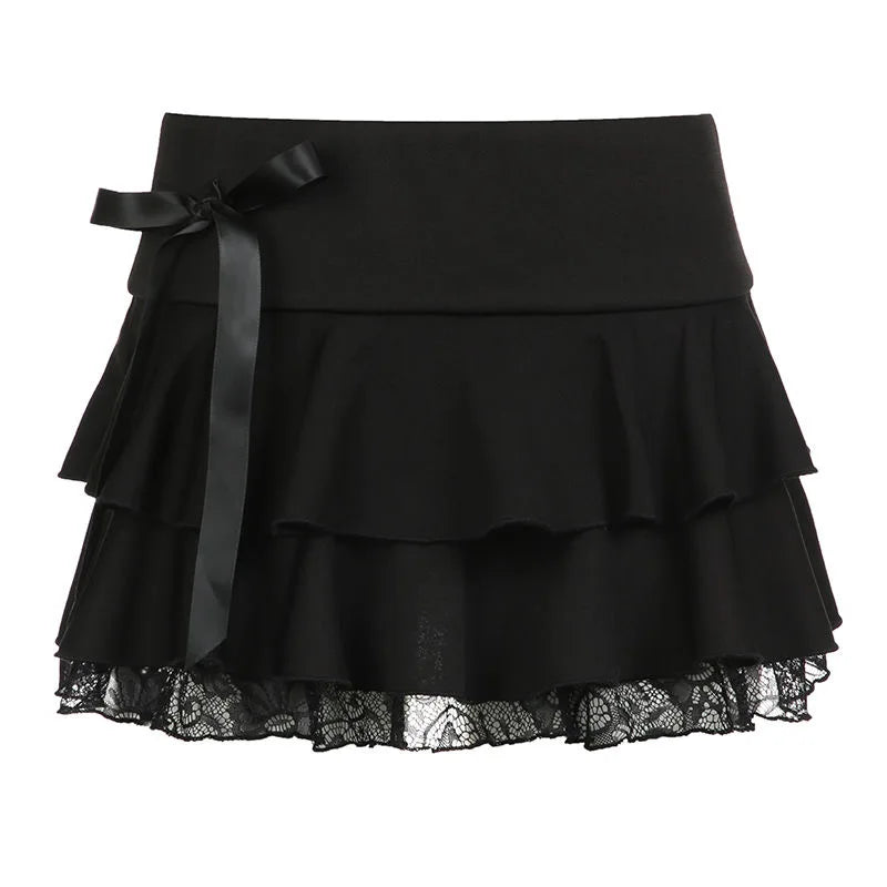 2000S Japanese Kawaii Mini Skirts Evening Party Clothing Black Lace Bow A Line Skirts Korean Fashion Y2k American Vintage Skirts