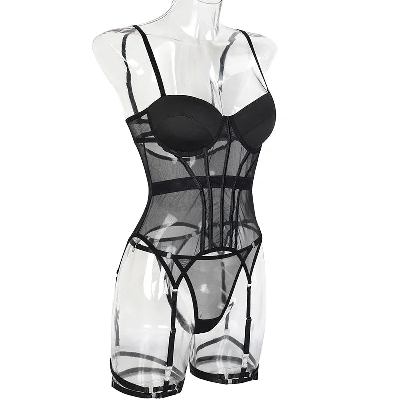 Alluring Backless Tatting Lingerie Set | 3-Piece Garter Design