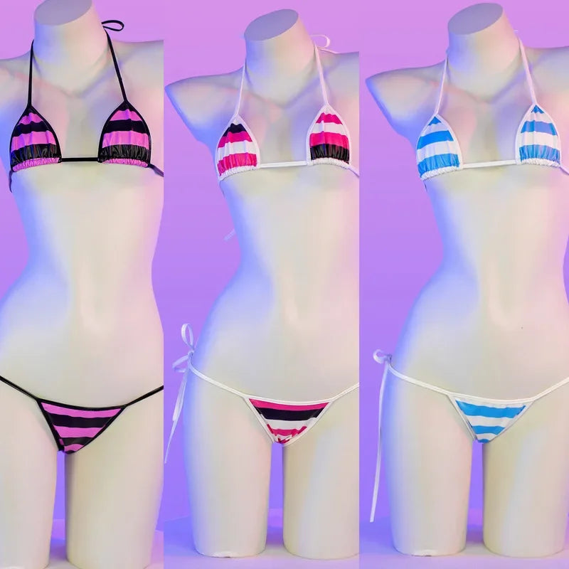 Daring PU Leather Micro Bikini Set | Anime Stripes Sexy Swimwear