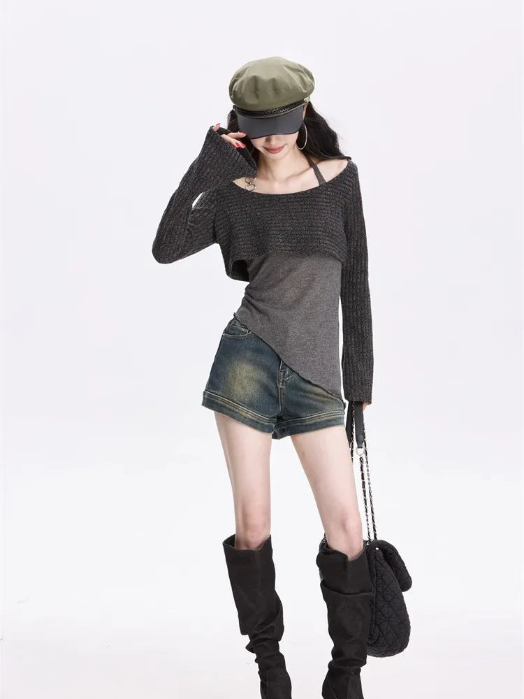 Kimutomo T Shirts Women Contrast Irregular Elegant Slim Fashion Vintage Y2k Aesthetic Harajuku Knitted Tops Ladies Grunge