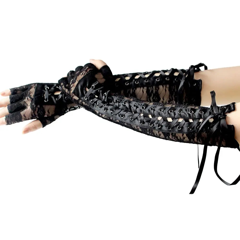 1 Pair Night Club Party Cosplay Ritual Dance Long Lace Gloves Silk Ribbon Punk Gothic Mittens Halloween Gloves