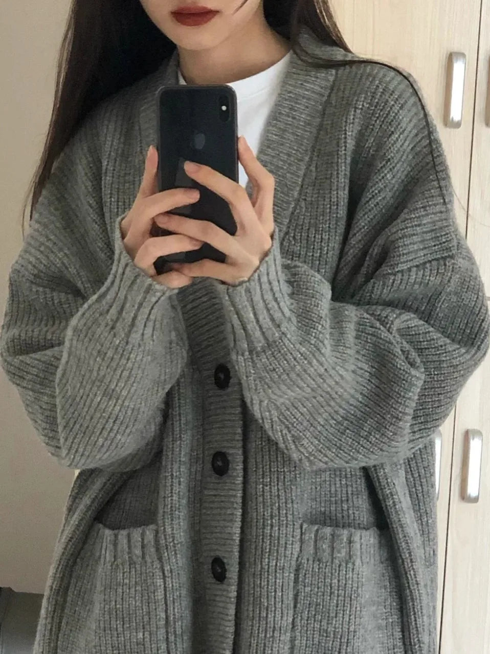 Gray Mid-Length Knitted Sweater Coat Women's Autumn Outerwear Japanese Lazy Vintage Milk System Soft Cozy Open Cardigan