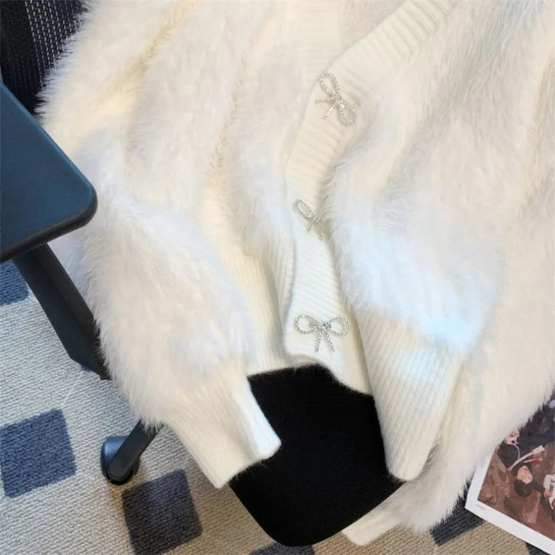 2026 Spring Autumn Women's Sweater Cardigan Jacket New Loose V-neck Imitation Mink Fur Sweater Jacket Female Knitted Tops Coat