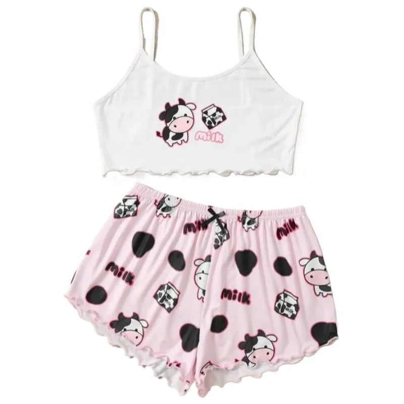 Cute Cow Print Sleeveless Top and Shorts Sleepwear for Women 2 Pieces Pajamas Set Casual Homewear Loungewear Pijamas
