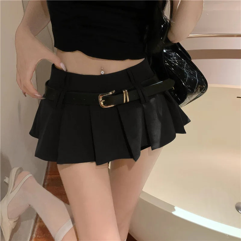 Women's Low Rise Pleated Mini Skirt Sexy A-Line Short Skirt with Belt and Built-In Shorts for Summer
