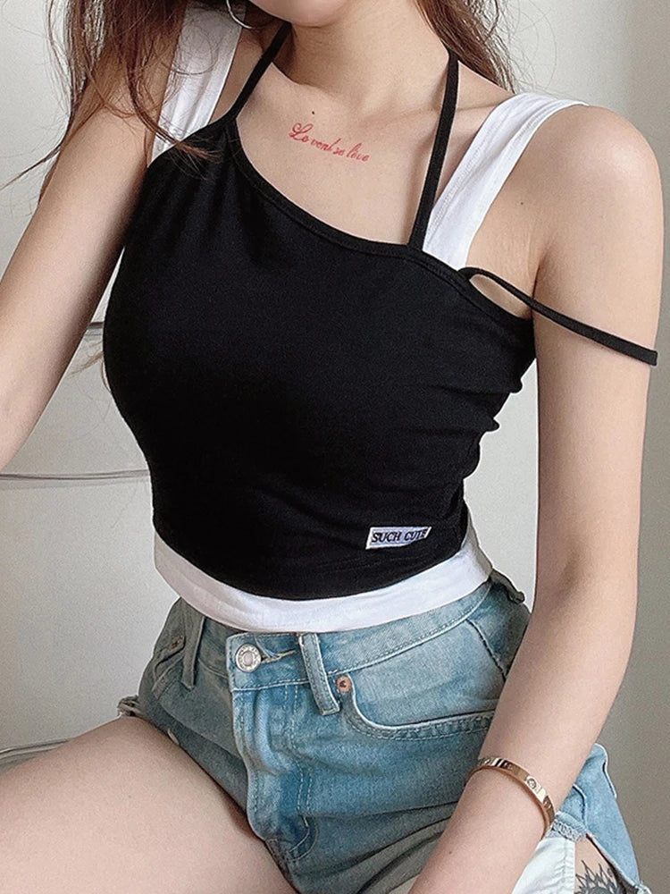 Women Hollow Out Black Y2K Tees Sleeveless Skinny Tops Cool Punk T-shirts Techwear 2024 Spring Summer New Sexy Crop Top