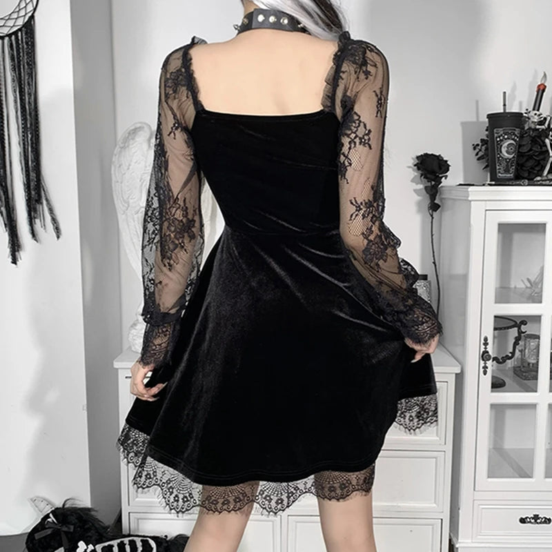 Dark Gothic Lace Mini Dress - Flare Sleeve V-Neck