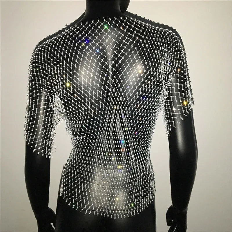 Sexy New Mesh Rhinestone Long Sleeve T Shirt Women Hollow See-through Fishnet Tops Summer Casual Shirt Party Club Women Clothing