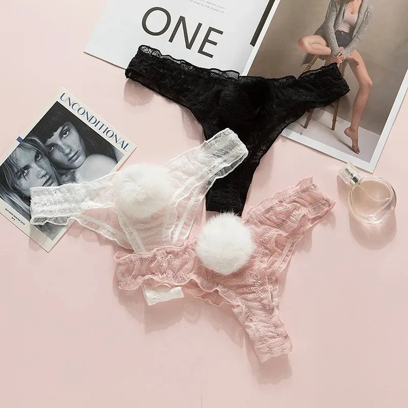 Lace Mesh Rabbit Tail Thongs | Sexy Low-Rise Lingerie