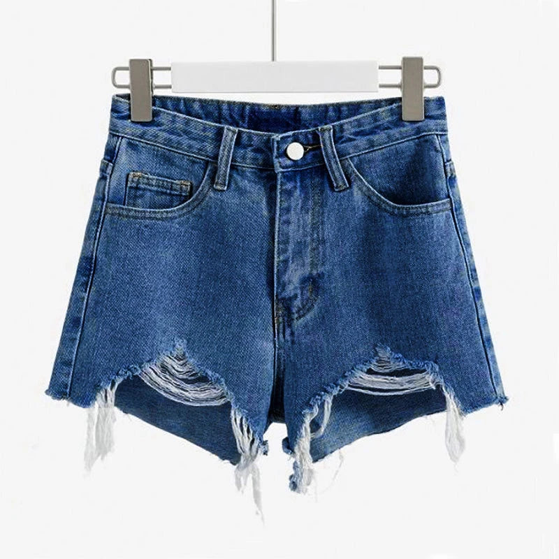 High Waisted Ripped Denim Shorts Button Fly Raw Edge Summer