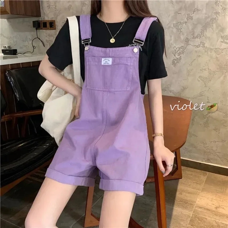 Summer New Style Loose Korean Version Women's Denim Overalls Straight Leg Jeans Color Purple Two-Piece Suit