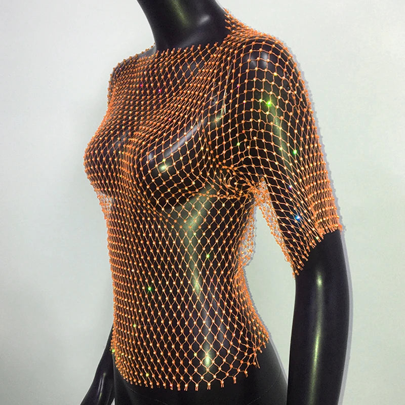 Sexy New Mesh Rhinestone Long Sleeve T Shirt Women Hollow See-through Fishnet Tops Summer Casual Shirt Party Club Women Clothing