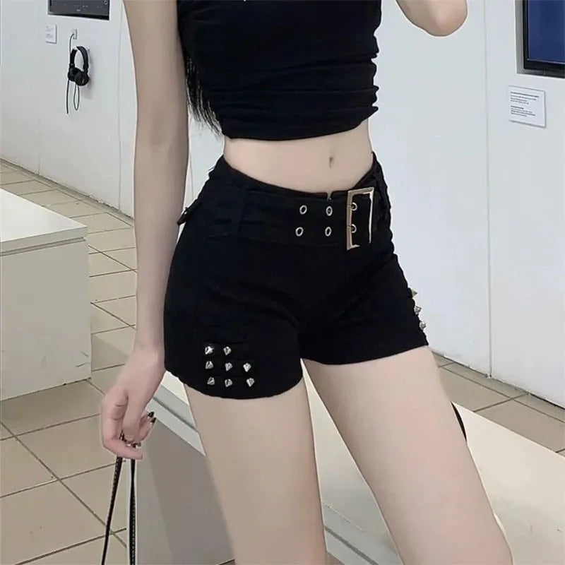 Black Y2K Low Rise Denim Shorts Slim Fit Gothic Jean Shorts