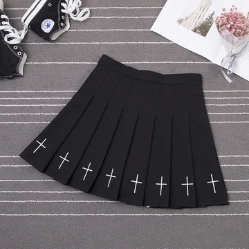 Harajuku Sweet Pleated Mini Skirt - Cross Embroidery