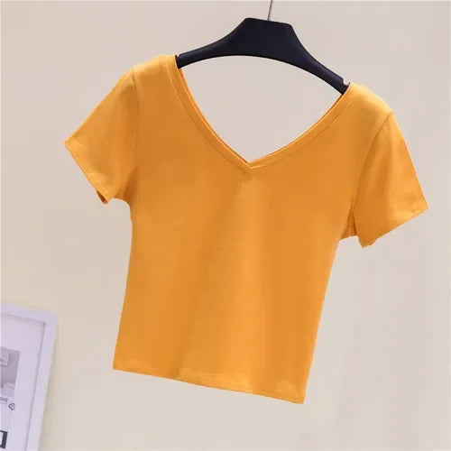 Summer Fashion Solid V Neck T Shirts Women Short Sleeve Sexy Crop Tops Ladies Casual Tees Top Tees Female Black Cotton T-Shirts