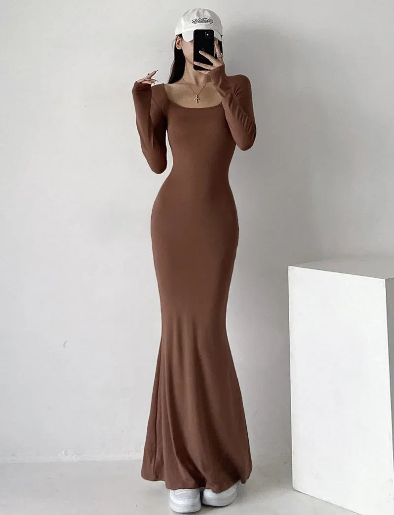 Elegant High-Waisted Fishtail Long Dress - Slimming Autumn Chic