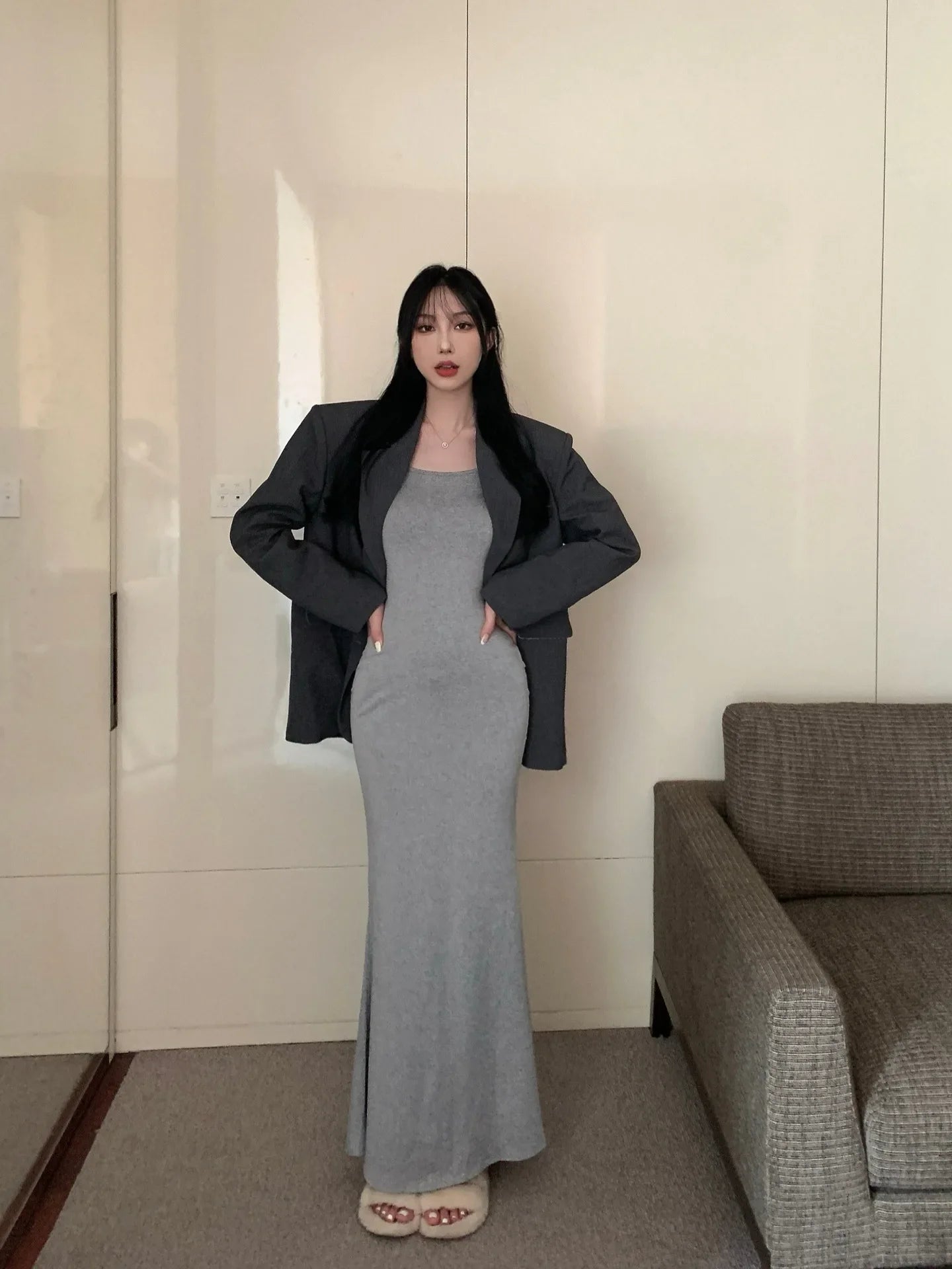 Elegant High-Waisted Fishtail Long Dress - Slimming Autumn Chic