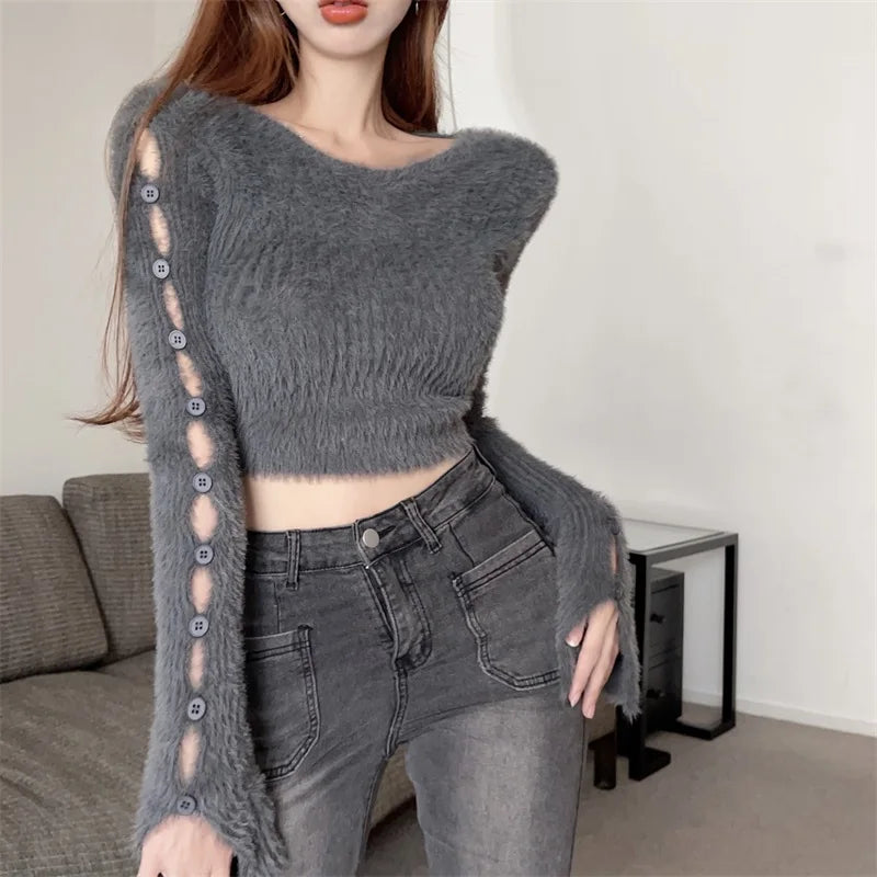 Sexy ort Knitted Sweater Women's Spring Autumn Soft Cozy Design Hole Knitwear Pure Desire Versatile Base Layer ort Top