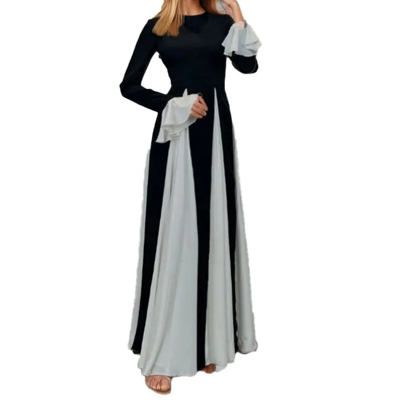 Elegant Color Block A-Line Knitted Bell Sleeve Dress