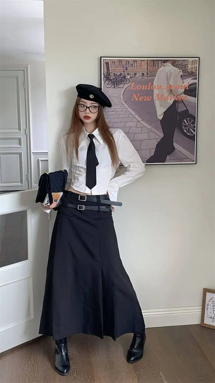 Women's Early Spring Short Sleeve Long Shirt Hong Kong Style Loose Fit Versatile Slimming Design Trendy Top Casual Shirt