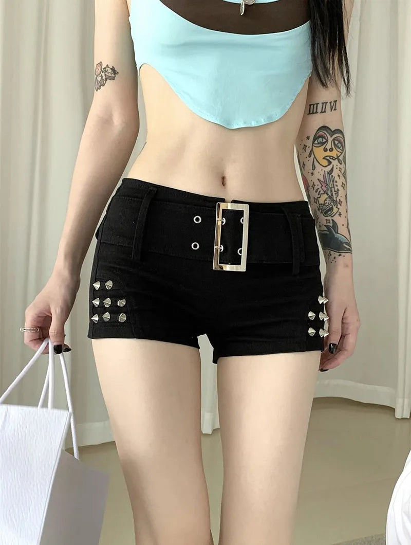 Black Y2K Low Rise Denim Shorts Slim Fit Gothic Jean Shorts