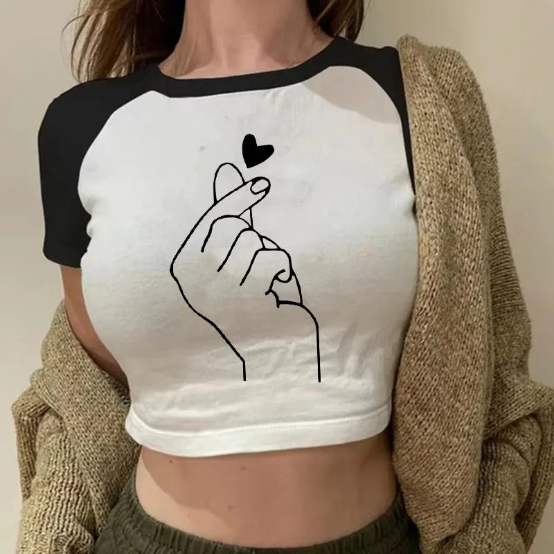 Women Funny Hand Heart Print Cropped T Shirt 2000s Girls Summer O Neck Tshirt 90s Harajuku Graphic Crop Tops Female Clothes