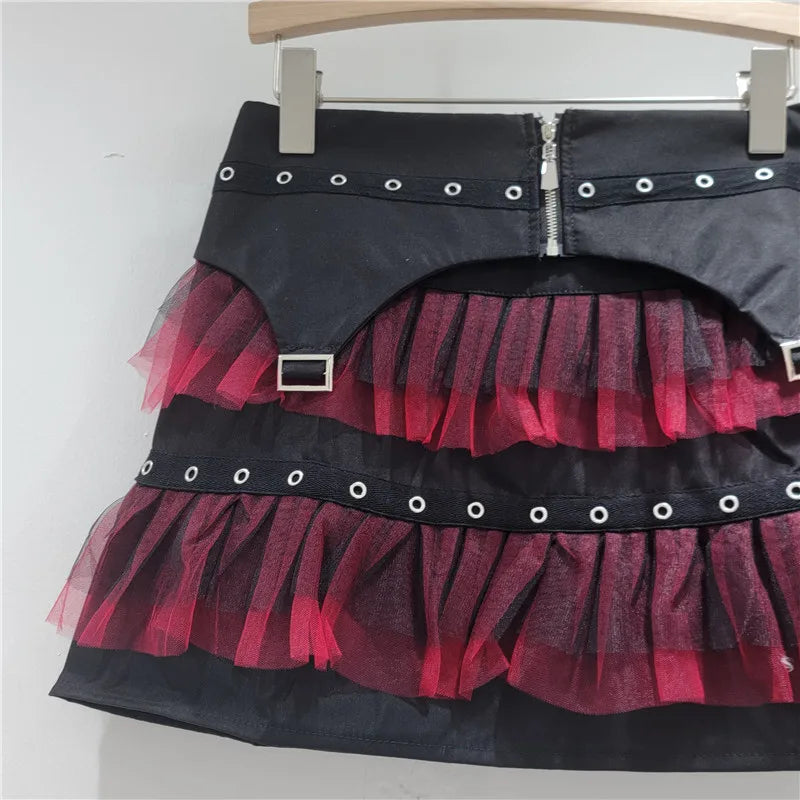 YEAE Ladies Diablo Spice Girl Corn Zipper Skirt Splicing Red Mesh Cake Skirt