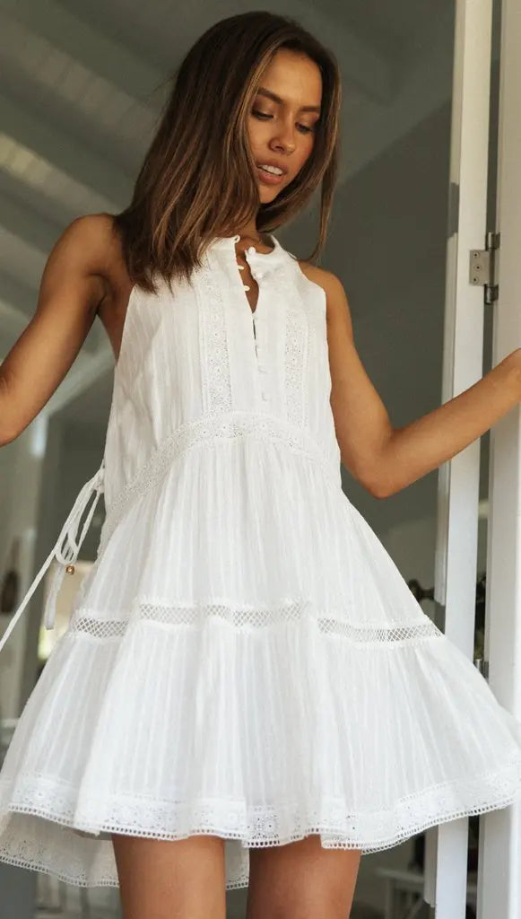 White Lace Trim Babydoll Mini Dress - Tiered Ruffle Sundress