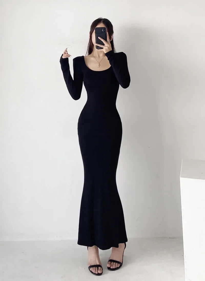 Elegant High-Waisted Fishtail Long Dress - Slimming Autumn Chic