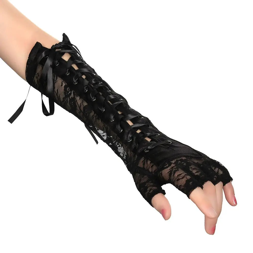 1 Pair Night Club Party Cosplay Ritual Dance Long Lace Gloves Silk Ribbon Punk Gothic Mittens Halloween Gloves
