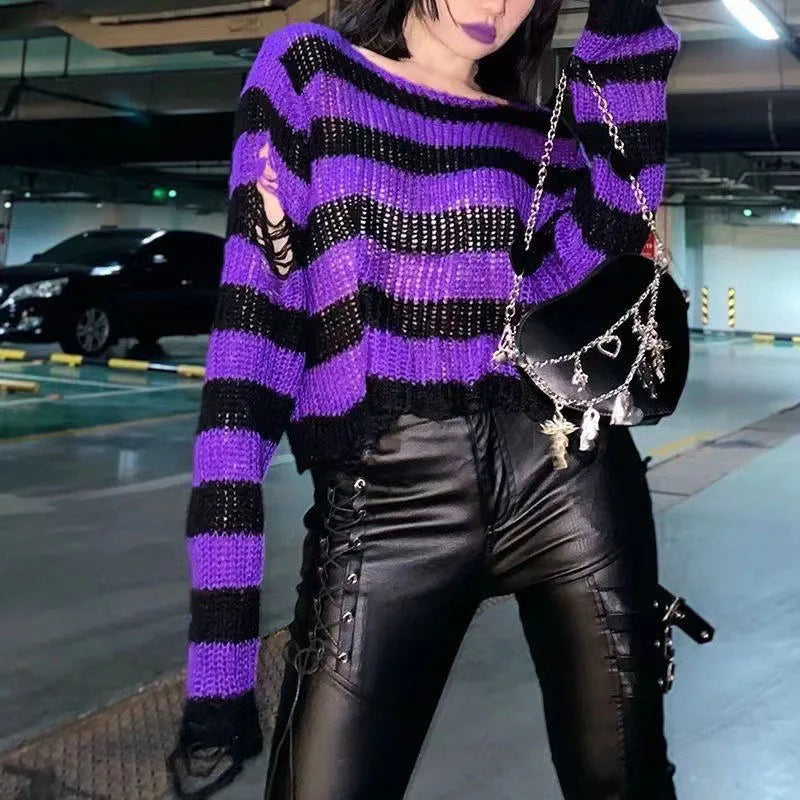 Distressed Oversized Striped Sweater Punk Grunge Knit Top