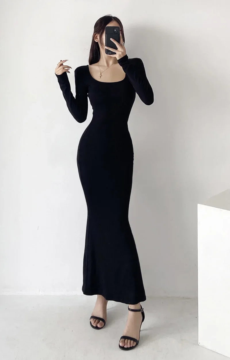 Elegant High-Waisted Fishtail Long Dress - Slimming Autumn Chic